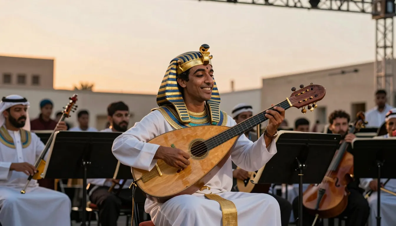 A grand orchestral stage where the lead musician is an Egypt...