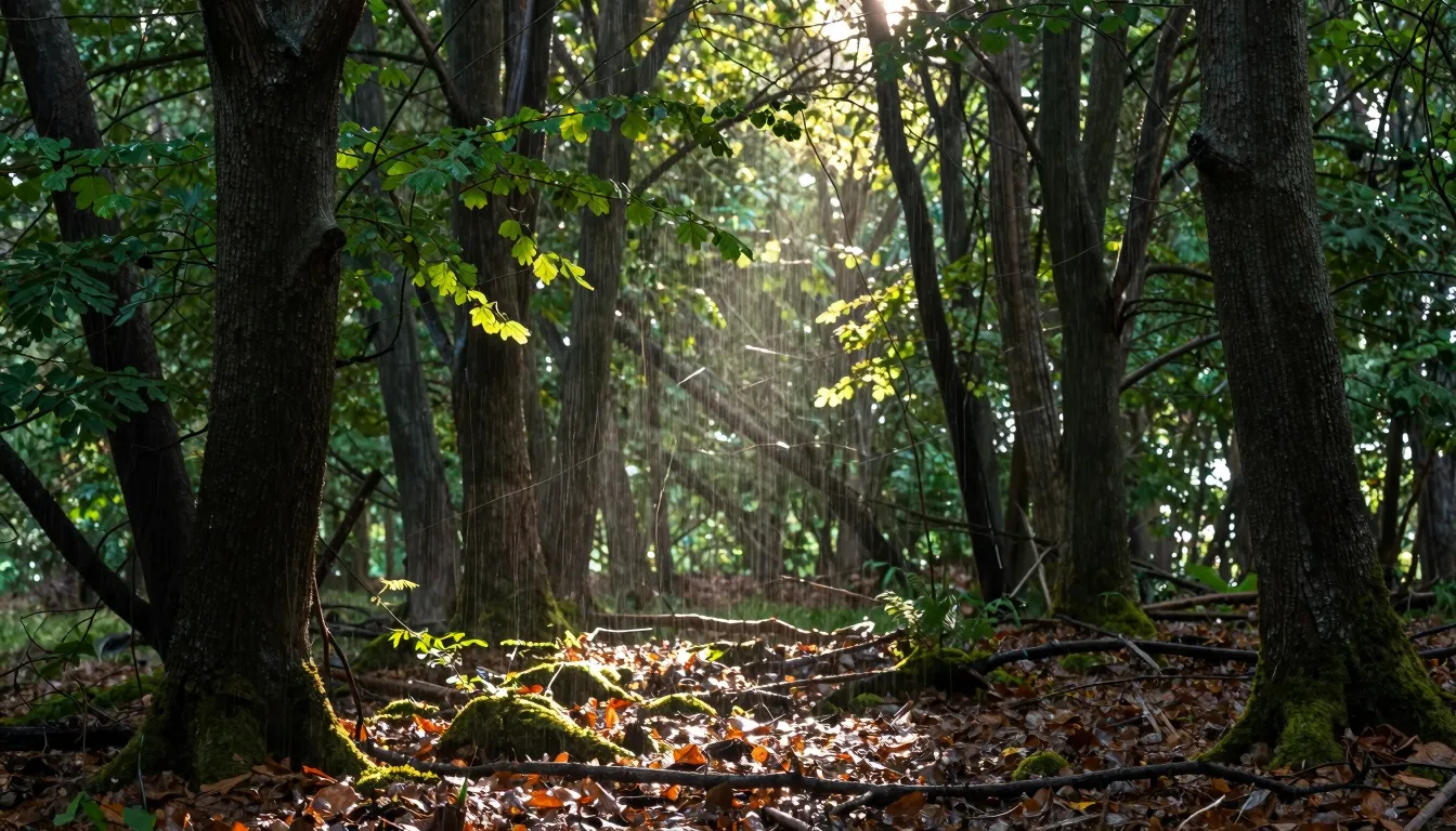 A peaceful forest scene after a gentle rain, with soft sunli...
