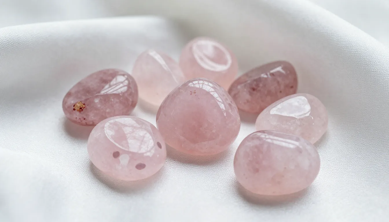 Close up of polished rose quartz and rock crystal stones on ...