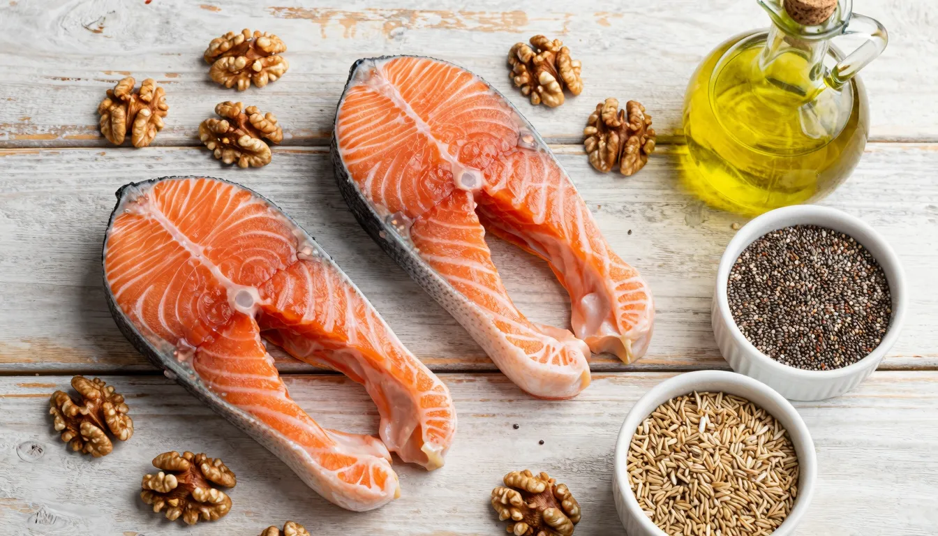 A beautiful overhead shot of Omega-3 rich foods: fresh salmo...