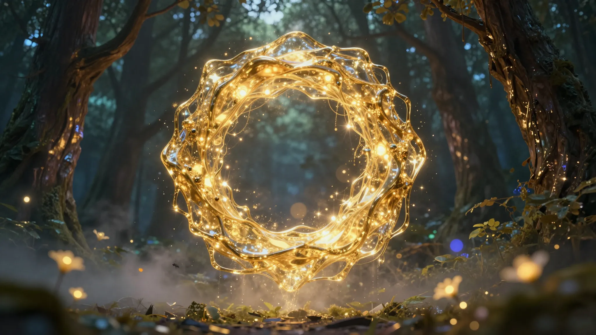 A mystical glowing portal made of liquid gold and stardust, ...
