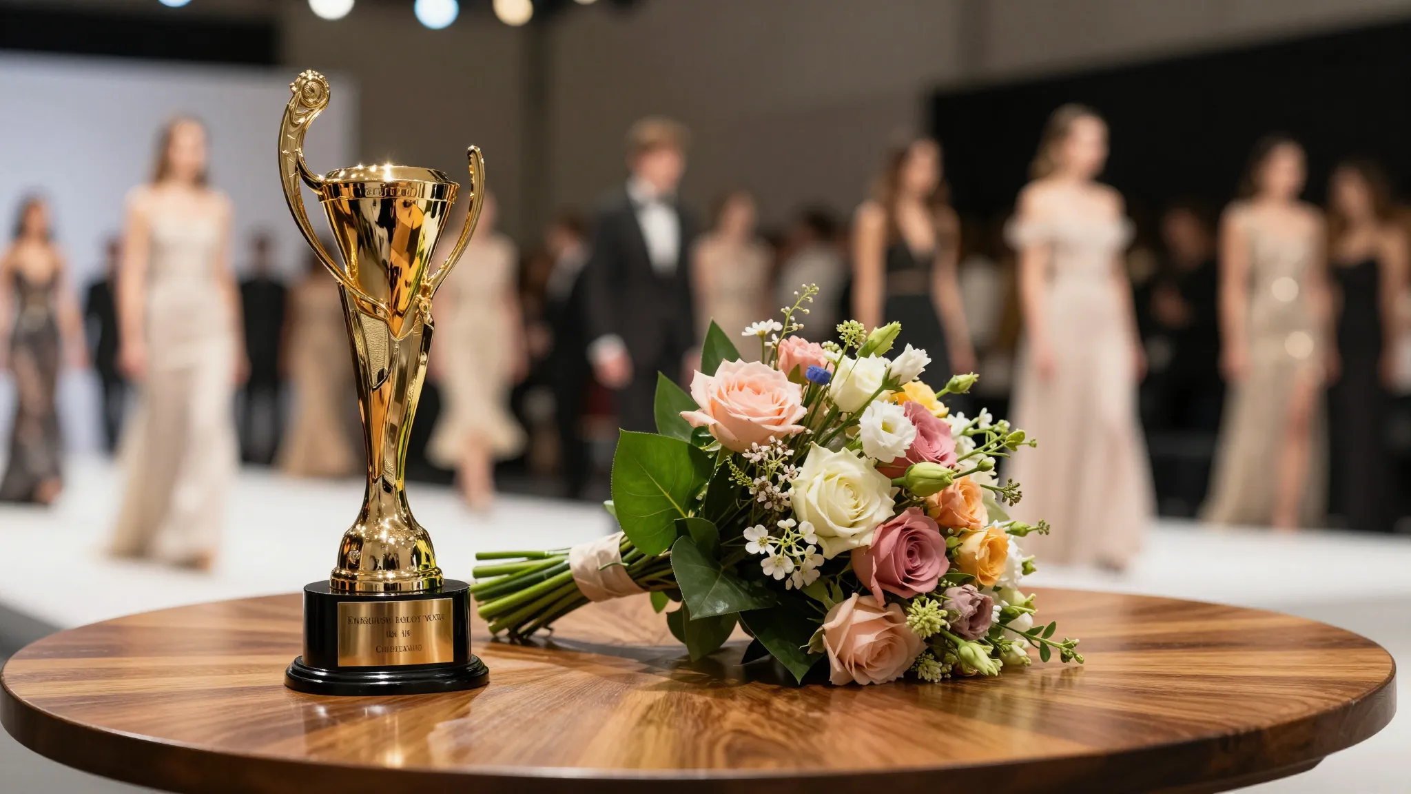 A golden trophy and a bouquet of flowers on a polished woode...