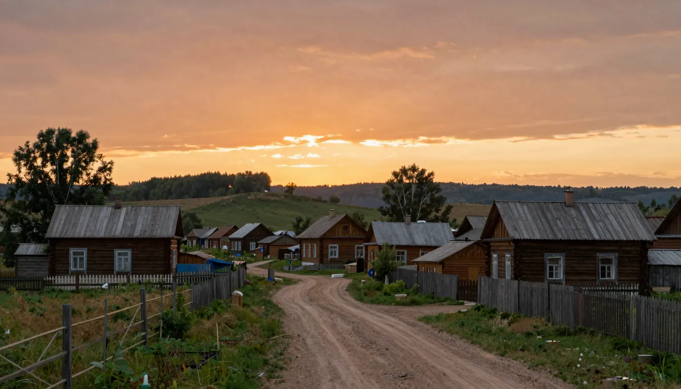 A nostalgic view of a small Russian village with wooden hous...