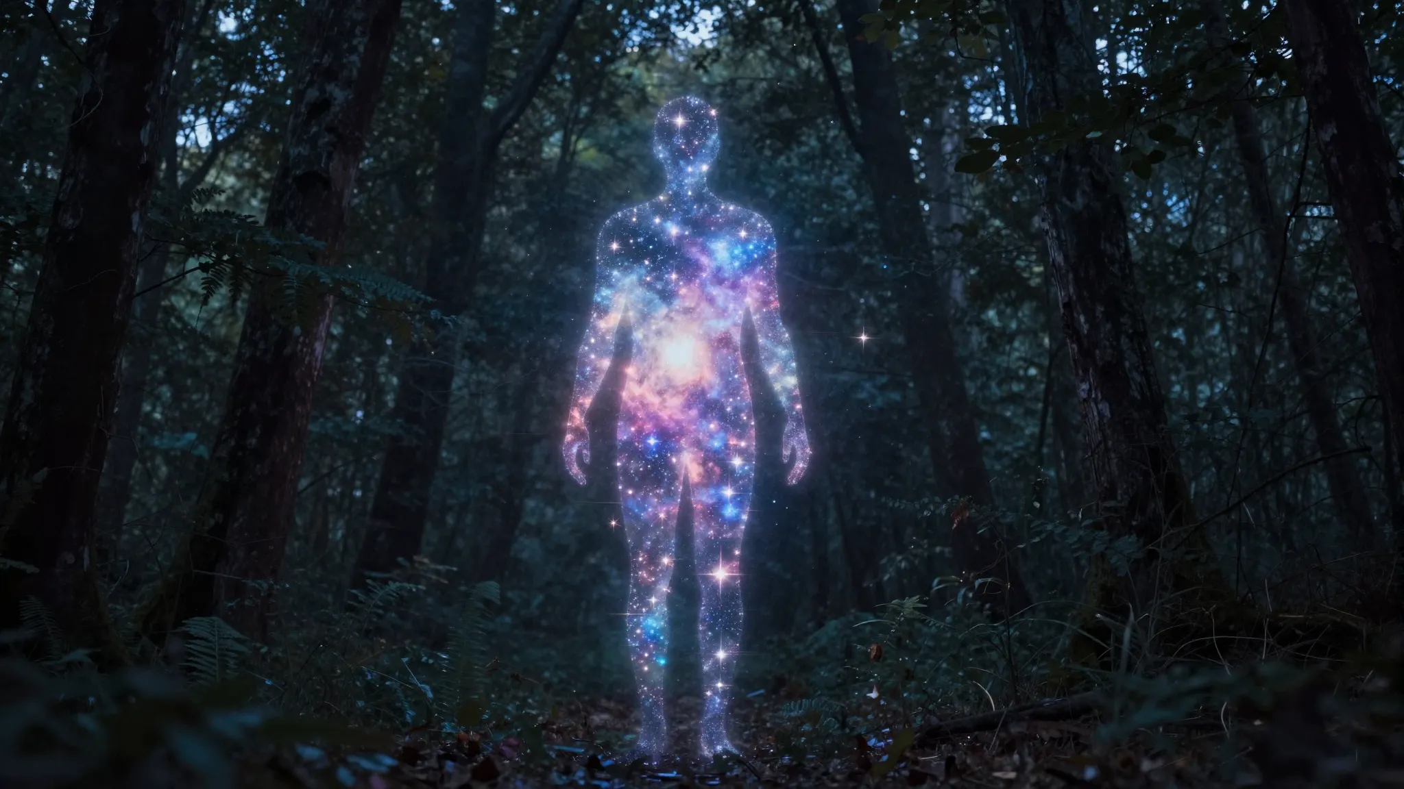 A glowing human silhouette made of stars and nebulae, standi...