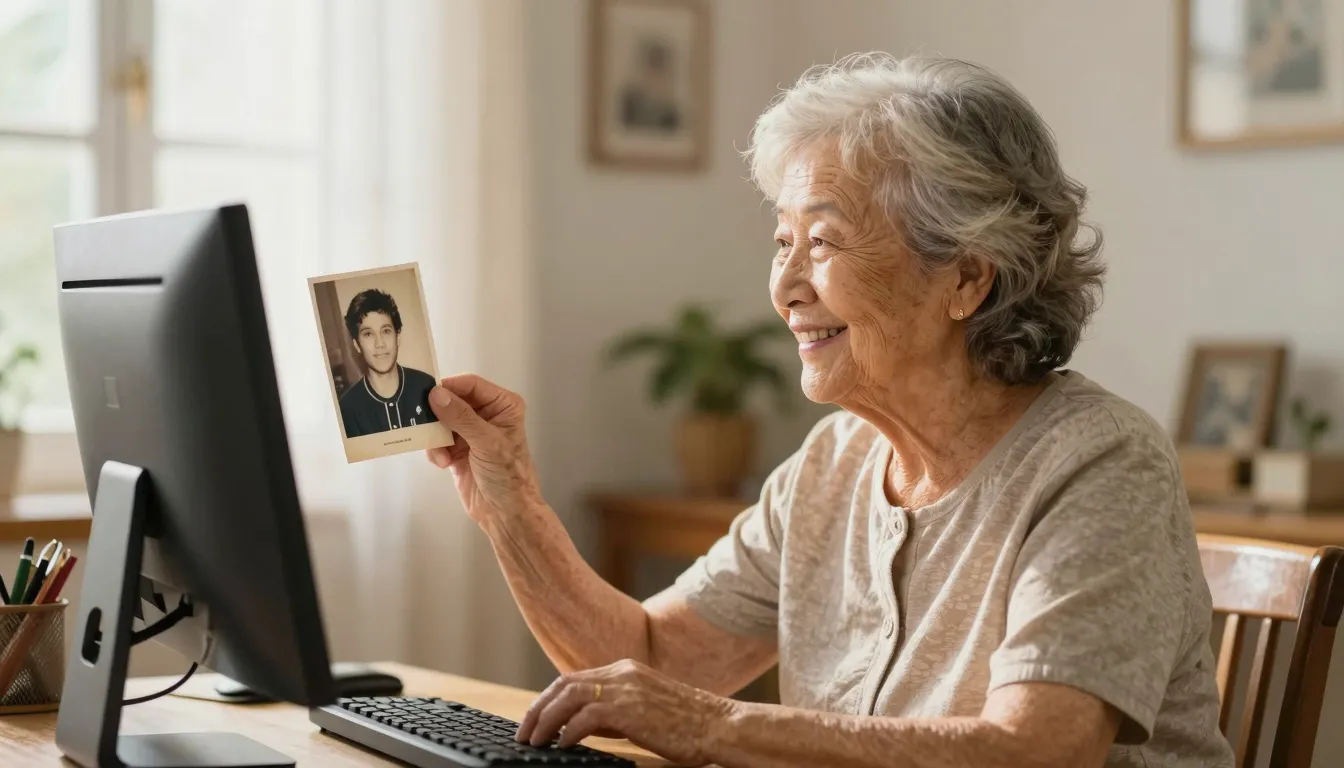 A warm, friendly scene of an elderly woman sitting at a comp...