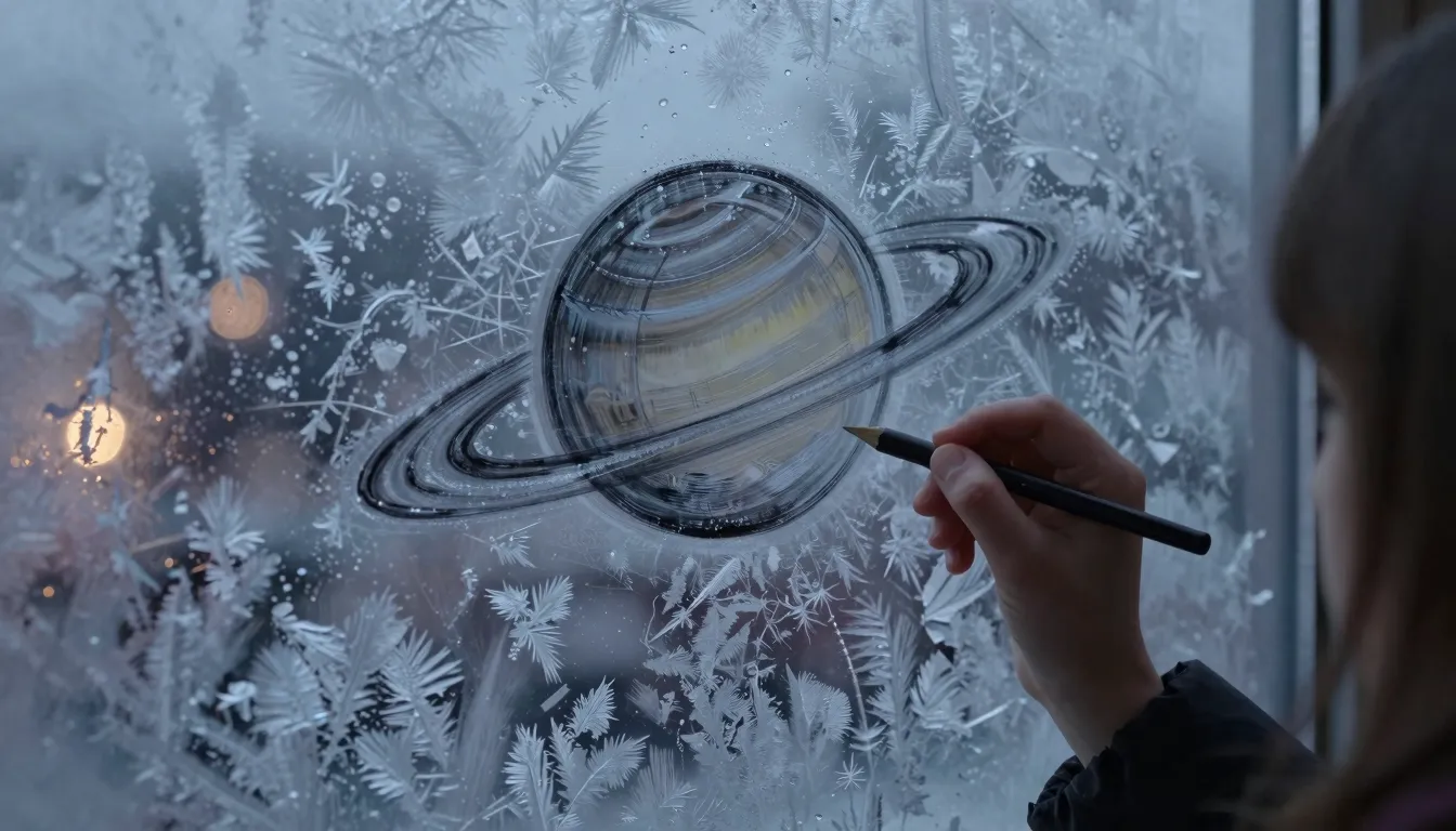 Close-up of a girl's hand drawing Saturn with rings on a fro...