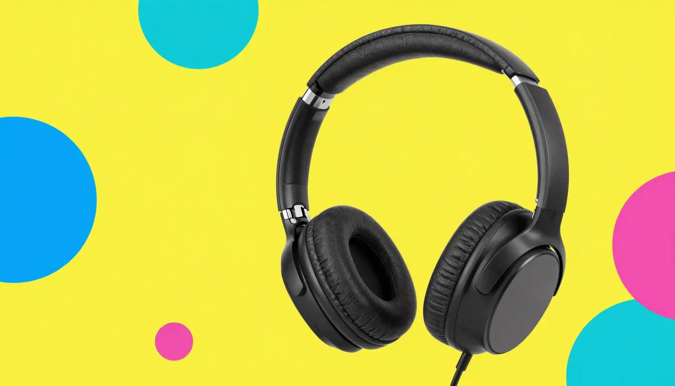 Modern headphones on a bright yellow background with colorfu...