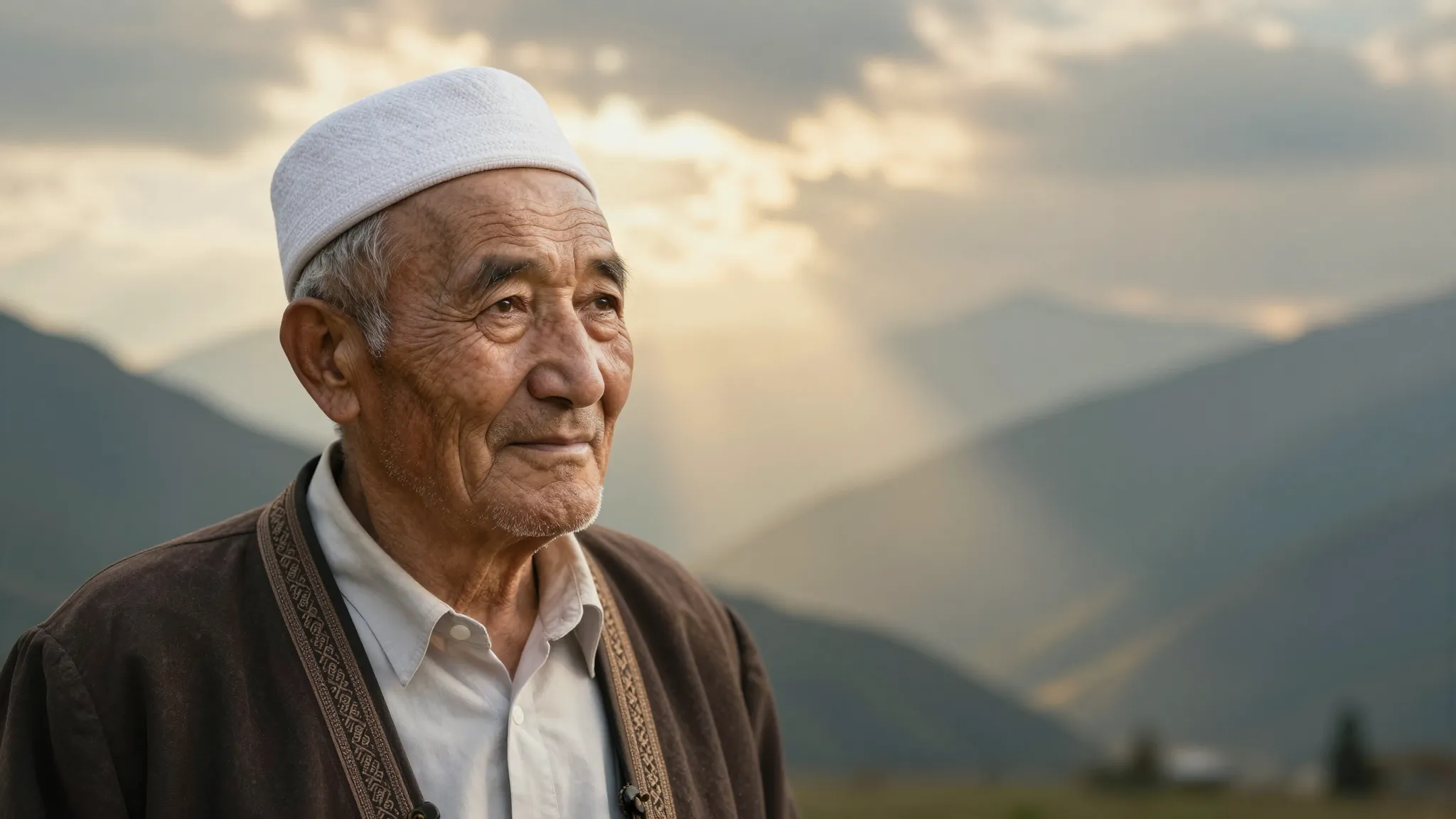A dignified and serene portrait of an elderly Kyrgyz father ...