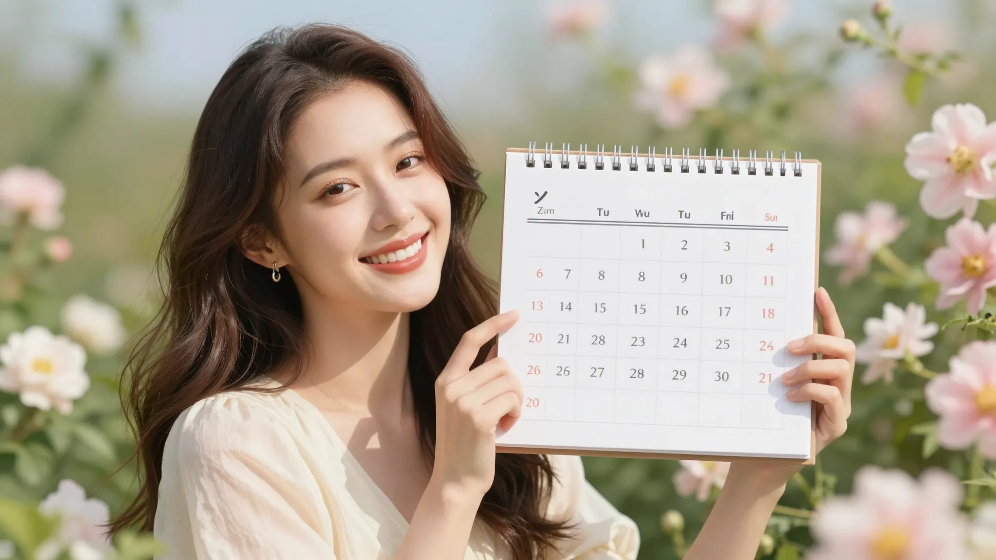 A cheerful woman named Zhumagul surrounded by blooming flowe...