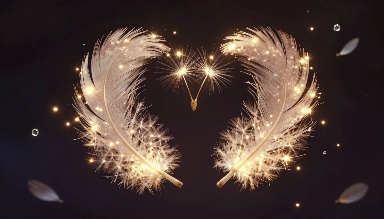 A magical and surreal scene of two glowing, delicate feather...
