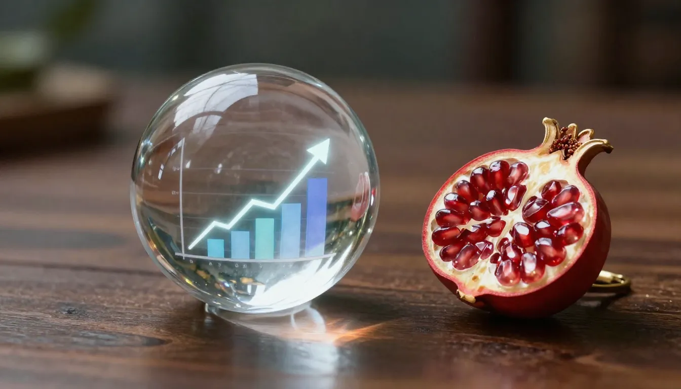 A magical crystal ball on a wooden table reflecting a graph ...