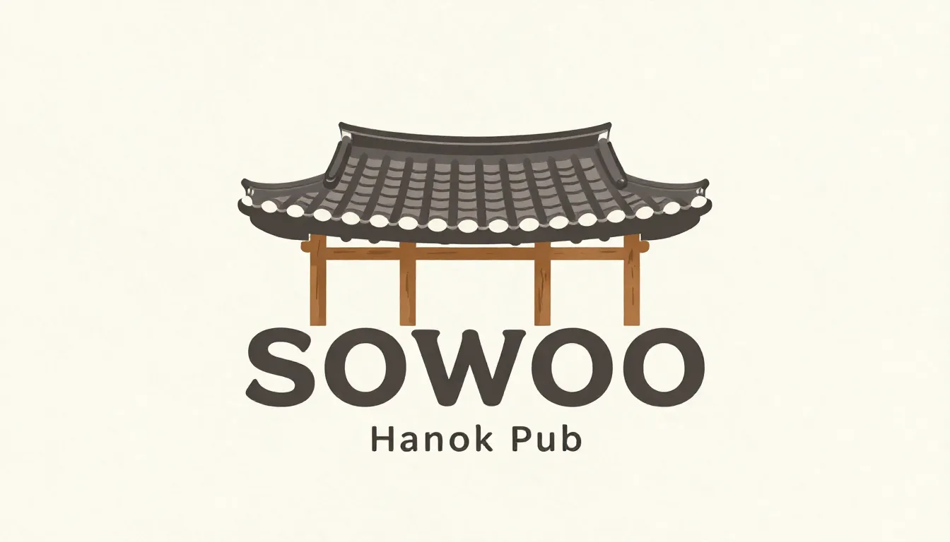 A sophisticated minimalist logo for 'SOWOO' Hanok Pub. The d...
