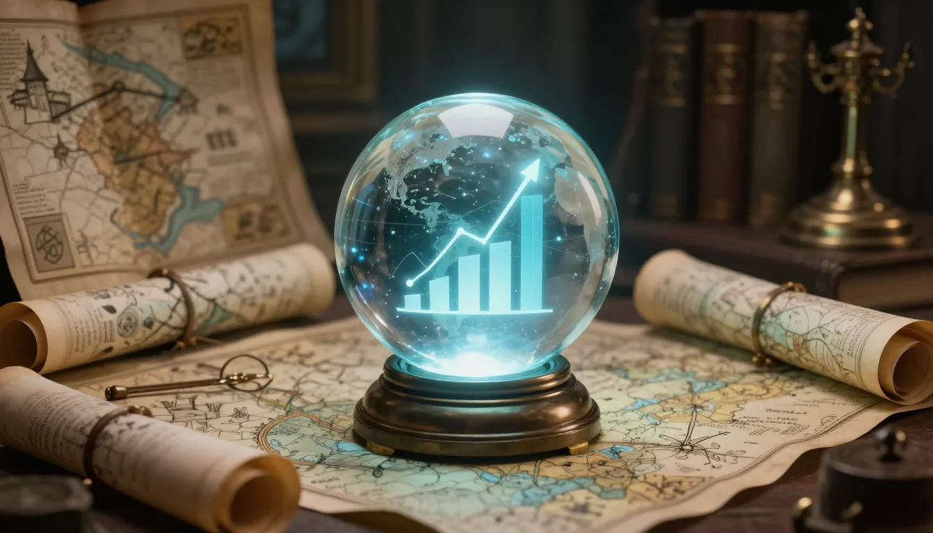 A wizard's study with maps, scrolls, and a glowing crystal b...