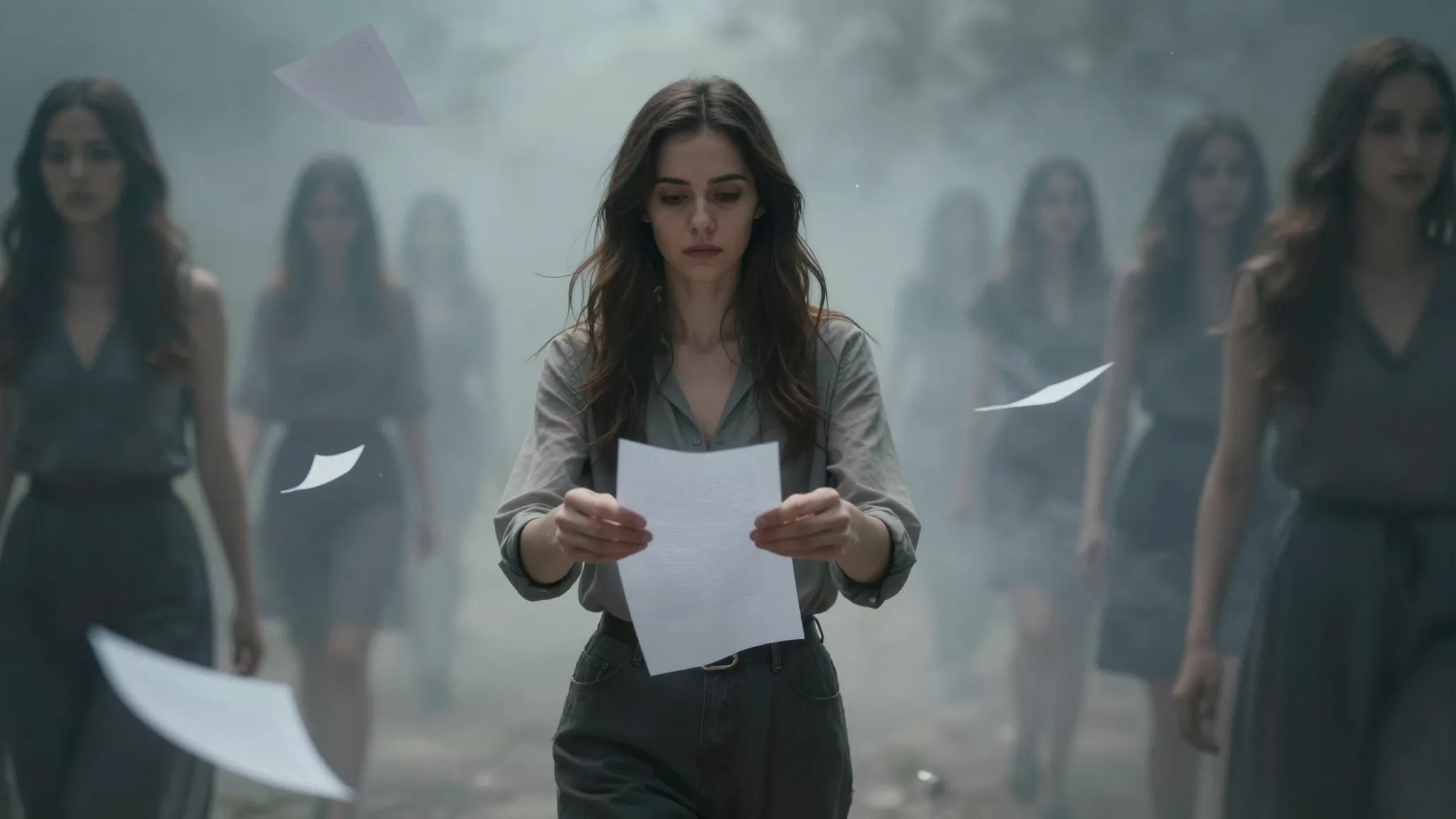 Cinematic medium shot of a calm woman walking directly towar...