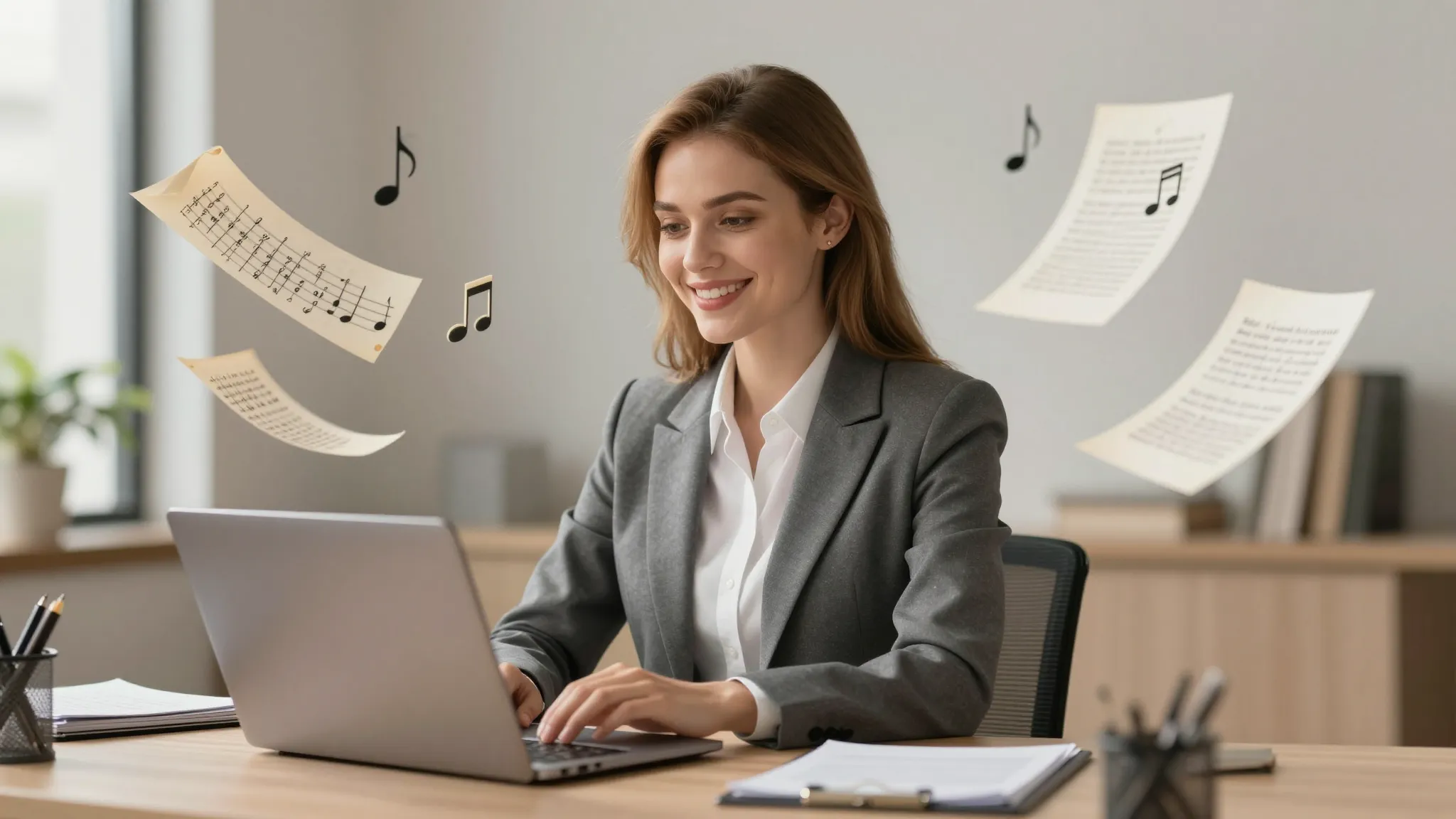 A friendly female AI assistant with light hair, wearing a ne...