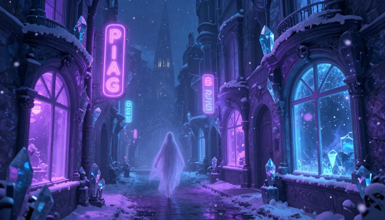 A mystical city street at night. The buildings are made of d...