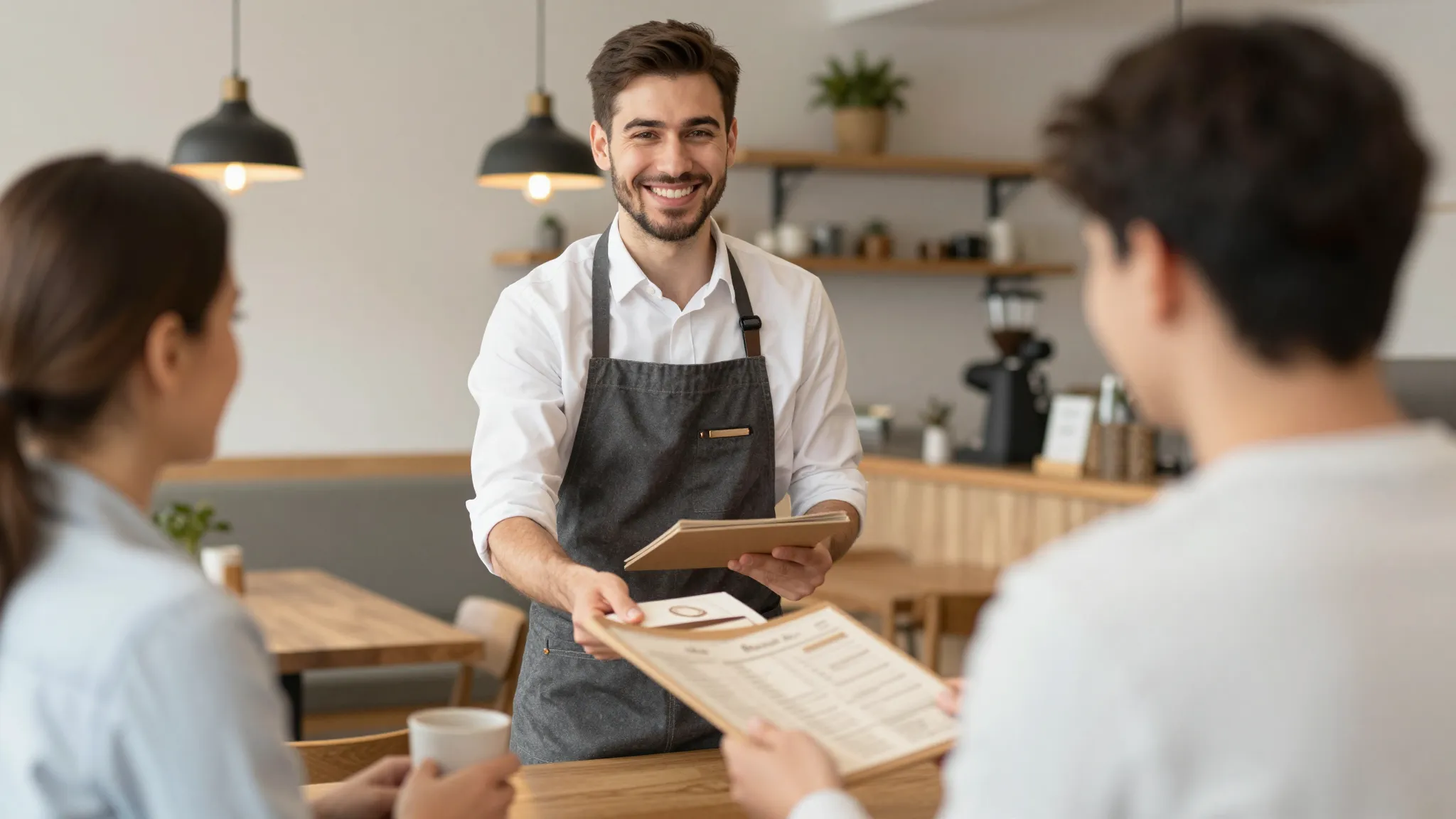 A friendly waiter in a modern apron handing a menu to a cust...