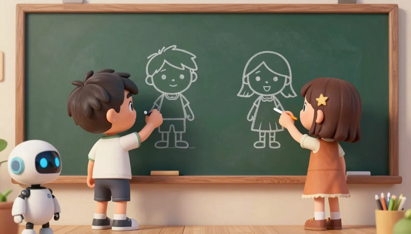 A 3D animated scene featuring a human boy and a human girl. ...