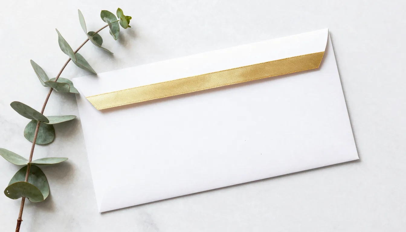 A stylish gift certificate envelope with a gold ribbon, lyin...