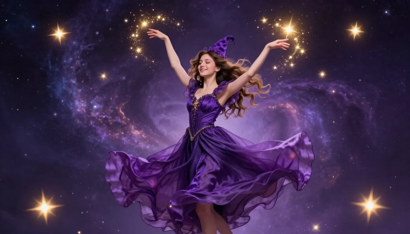 A joyful young witch in a flowing purple silk dress dancing ...