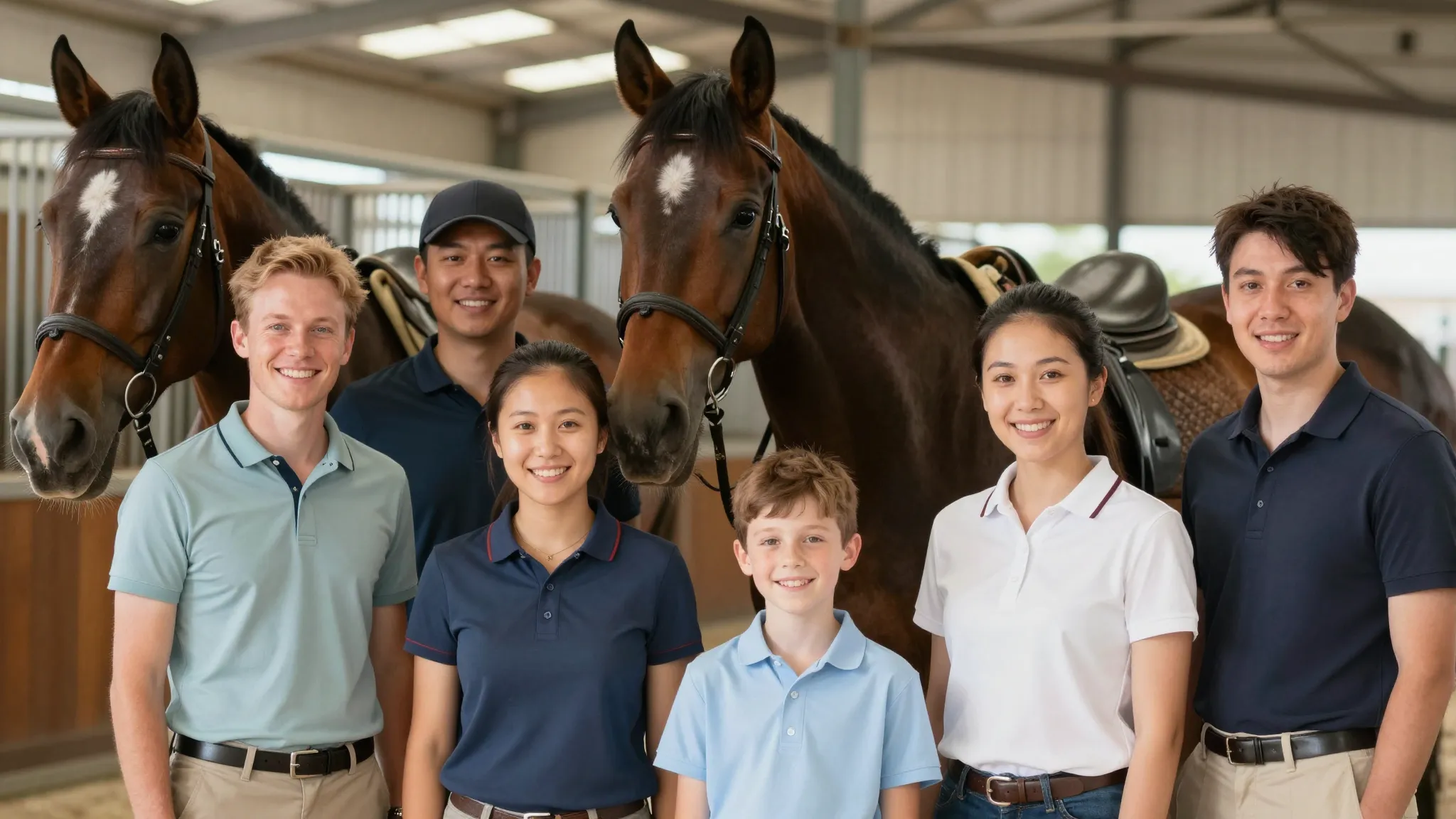 A group photo of a friendly and professional team of equestr...
