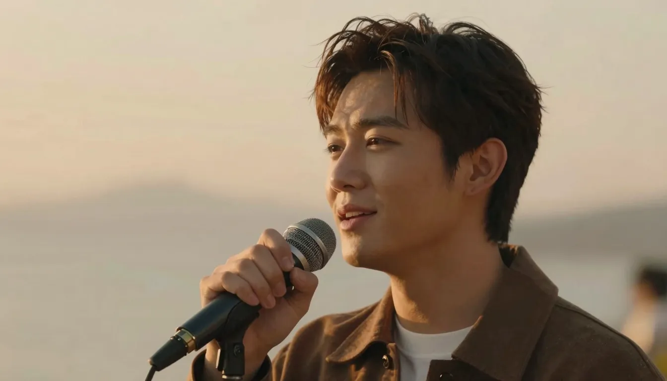 A handsome man with a gentle expression, singing or speaking...