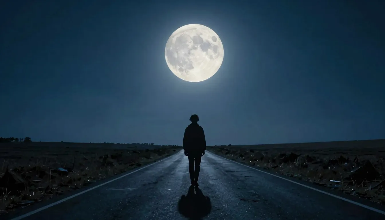 A wide cinematic shot of a lonely figure walking on a long, ...