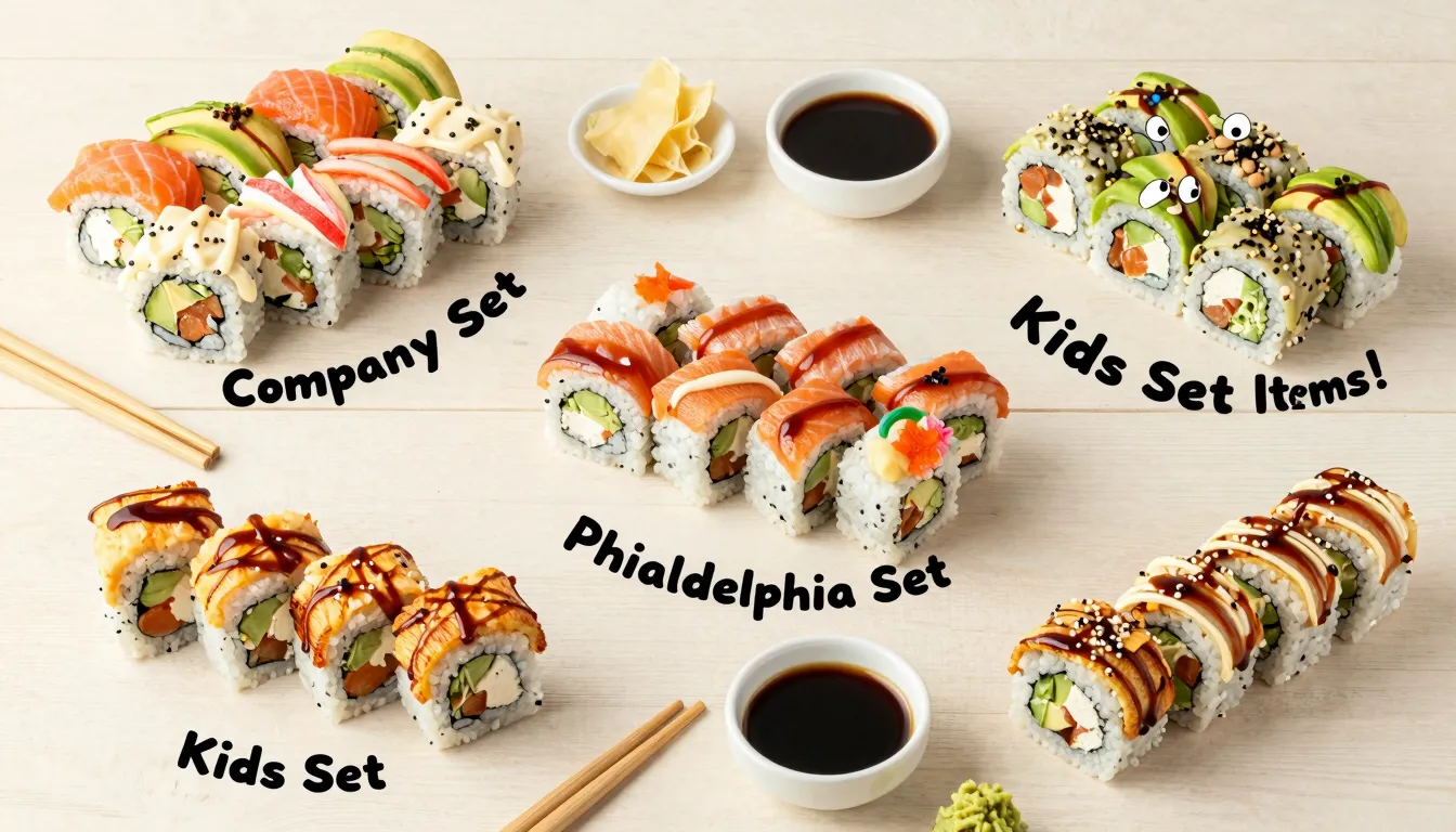 A vibrant and appealing flat lay image of various sushi roll...