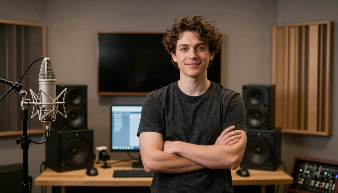 A confident person standing in a stylish music studio, soft ...