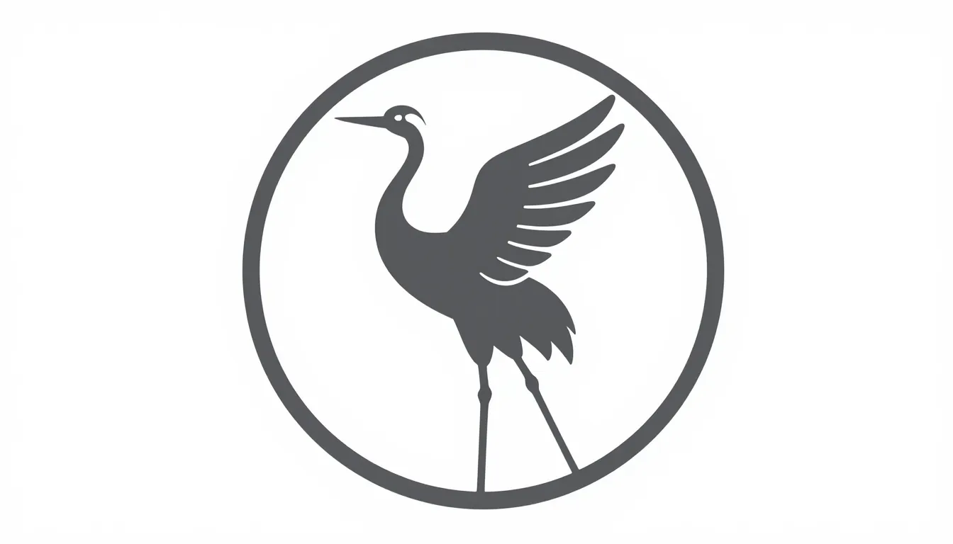 Modern circular emblem logo, silhouette of a grey crane stan...