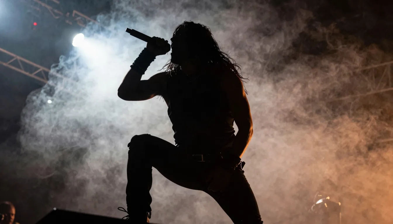 Aggressive metal vocalist silhouette on stage, intense energ...