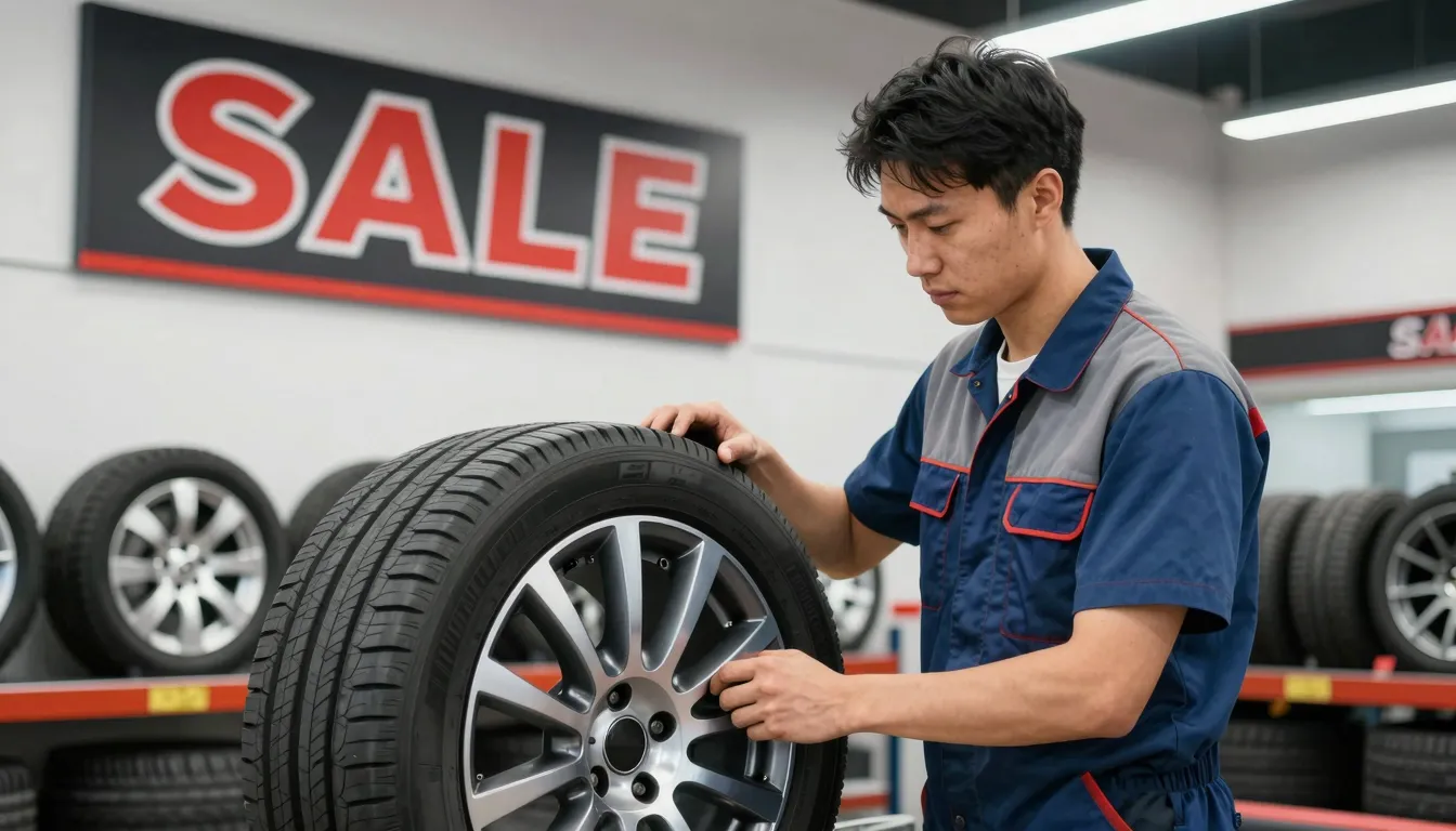 A modern tire shop interior, bright and organized. In the fo...