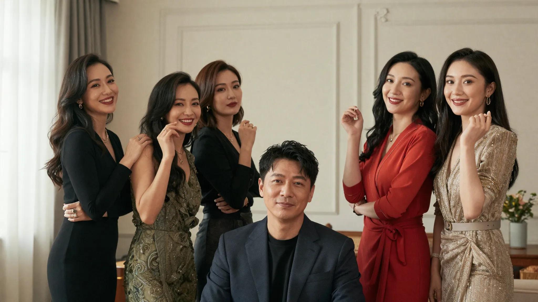 A group of four stylish Central Asian women and one man cele...