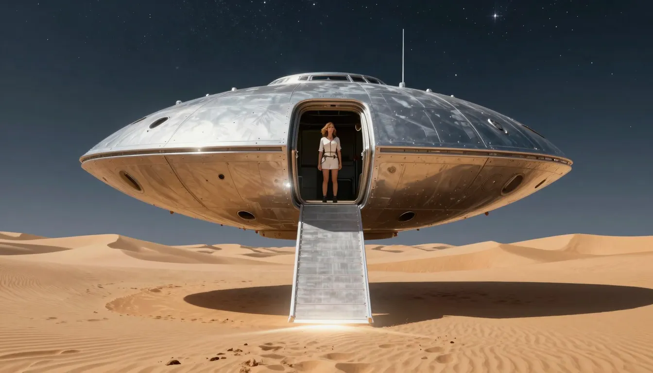 Lida standing at the open ramp of a silver disc-shaped space...