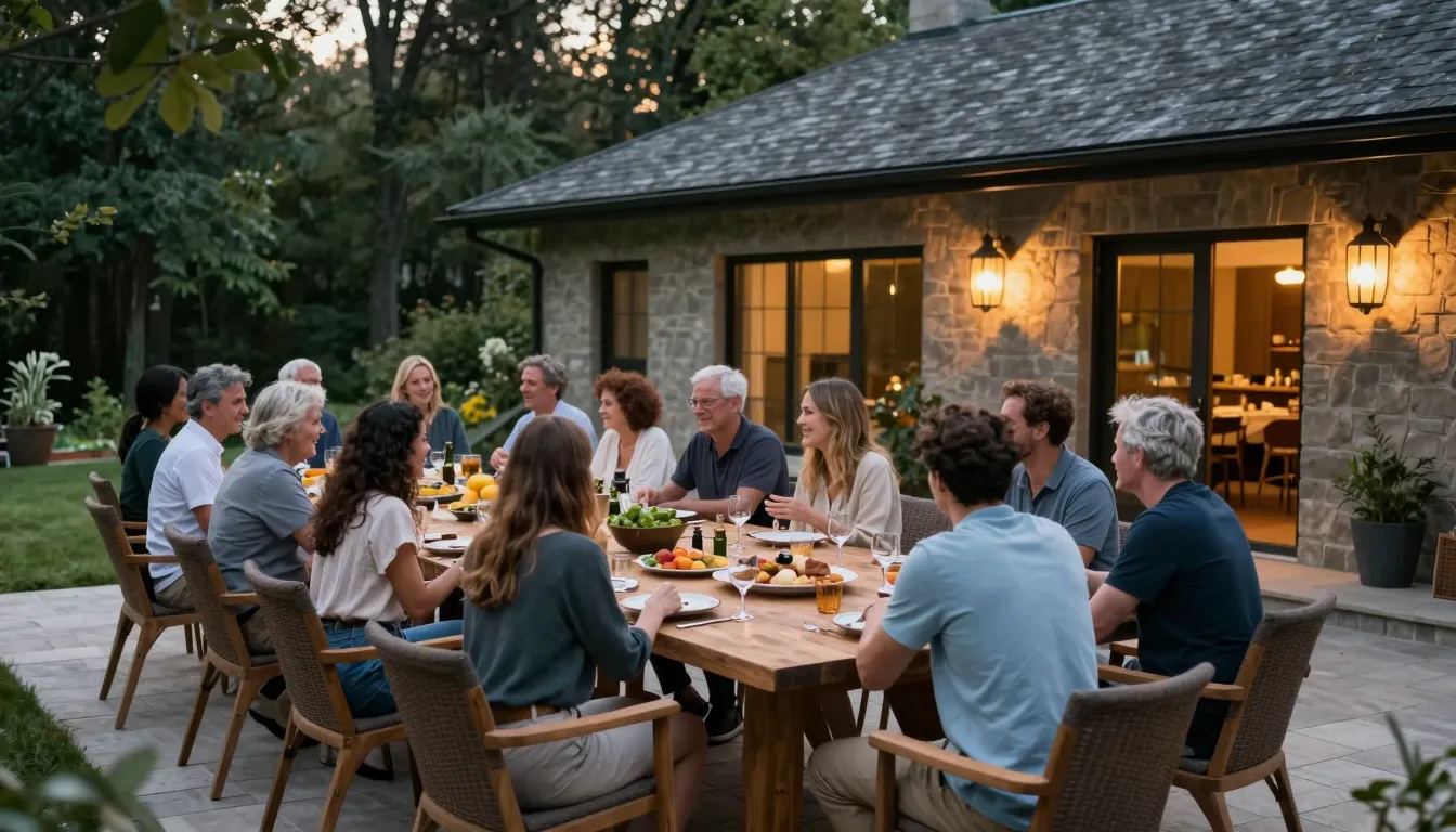 A cozy and stylish gathering of 20 people at a modern countr...