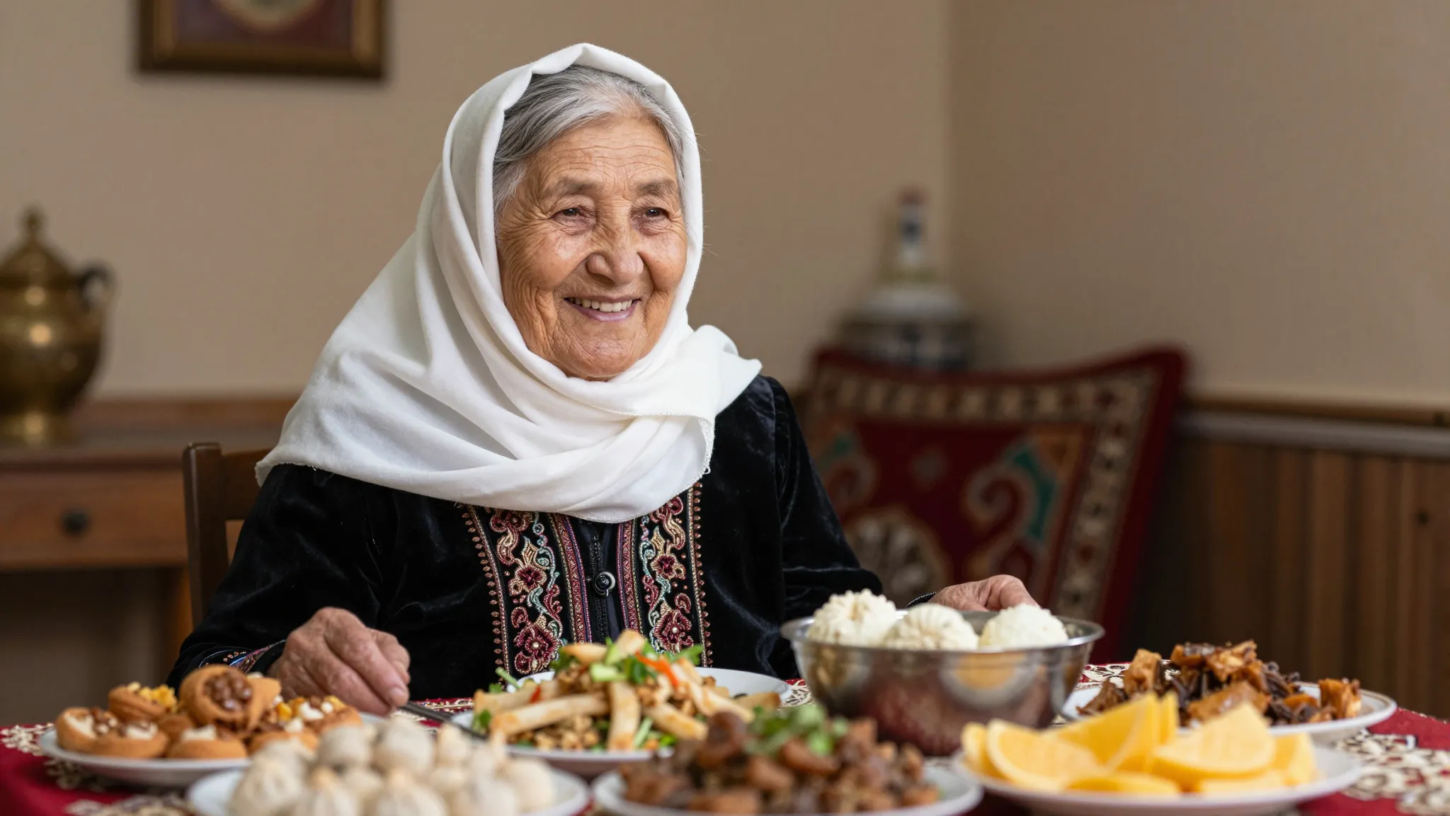 A happy elderly Central Asian woman in traditional white hea...