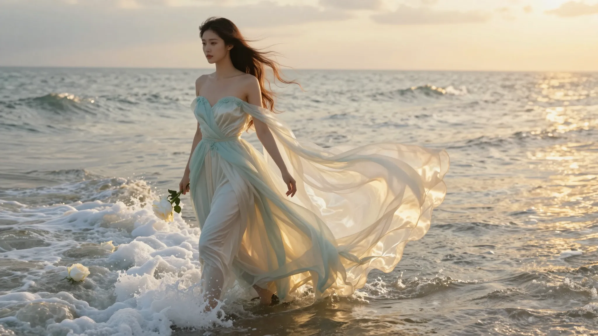 Ethereal goddess of beauty walking on water, golden hour, se...