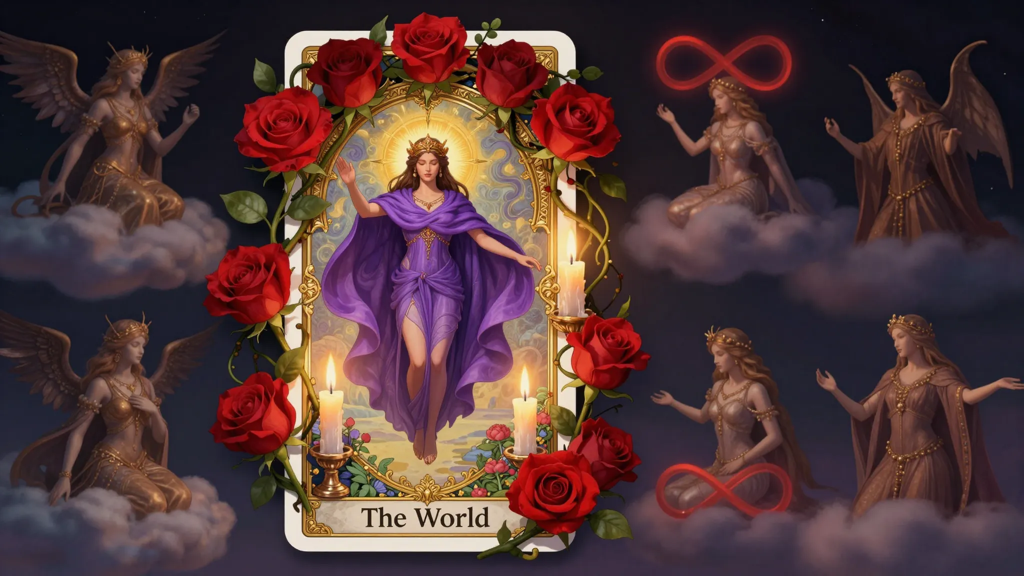 A magical scene where 'The World' tarot card is breathing an...