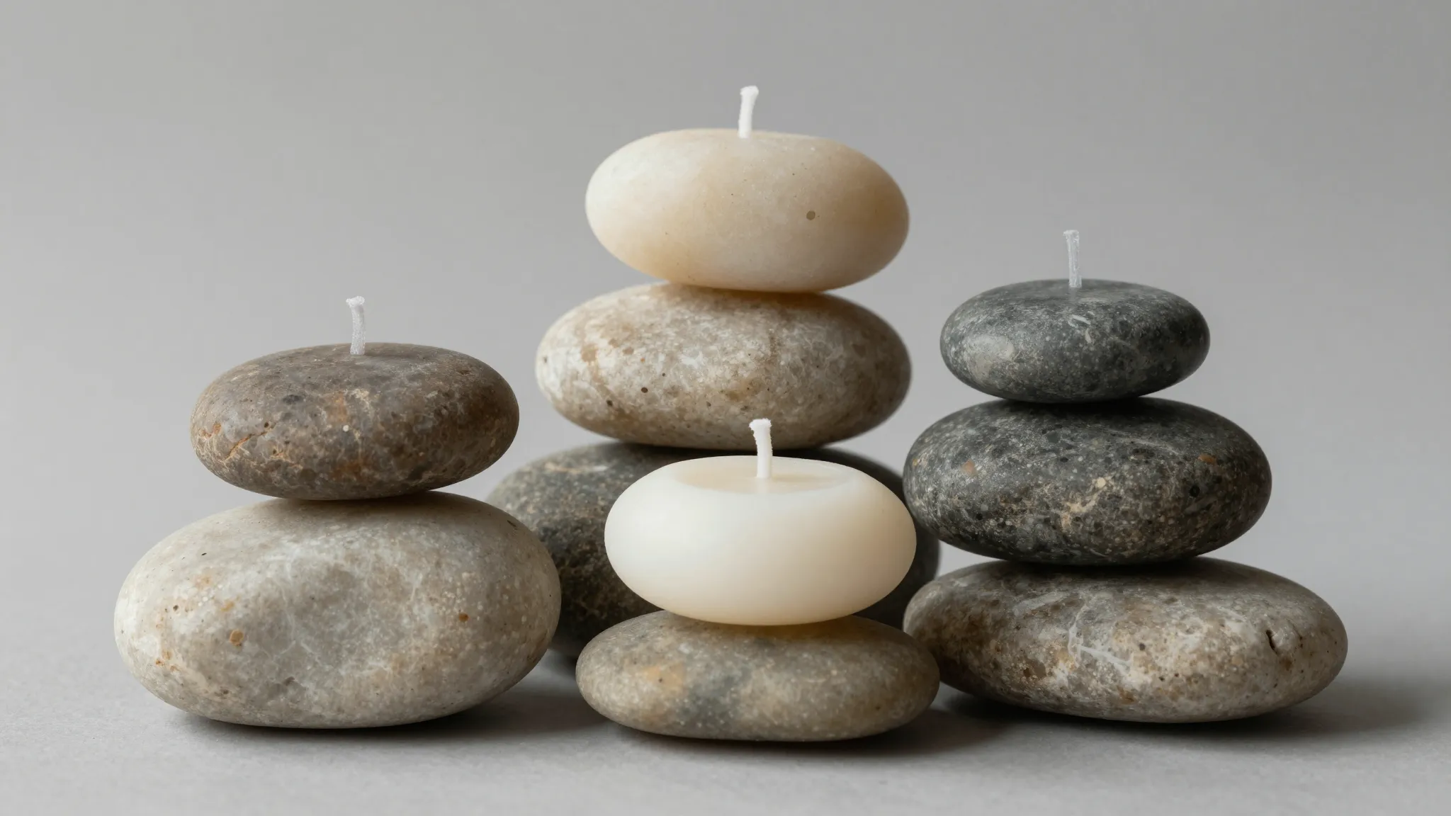 A set of designer candles in the shape of smooth river stone...