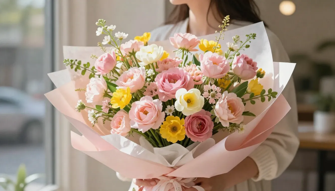 A beautiful and modern bouquet of spring flowers, soft pink ...