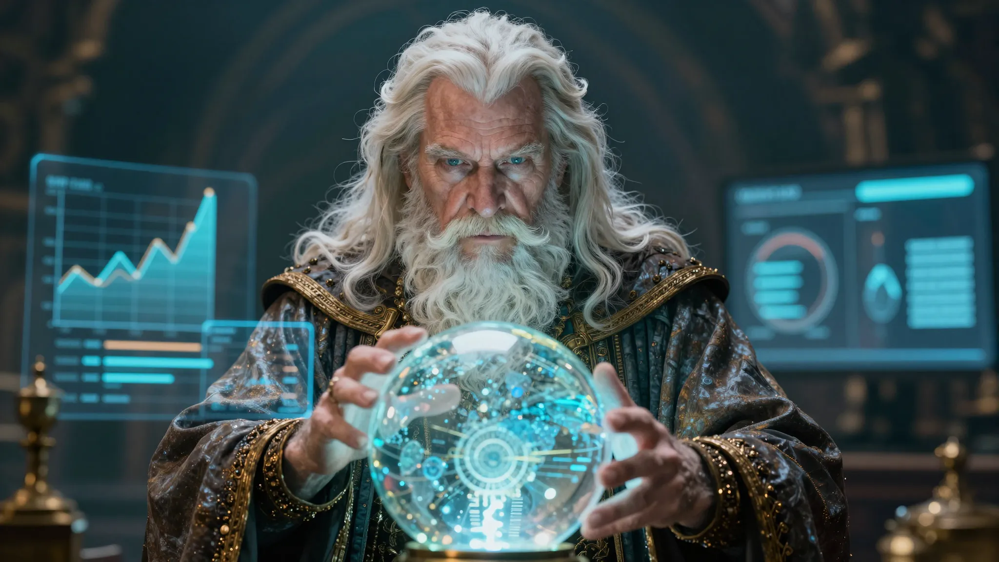 A wise wizard with a crystal ball showing futuristic marketi...