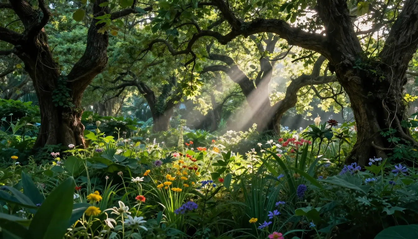 Enchanted wild garden with overgrown lush vegetation, ancien...