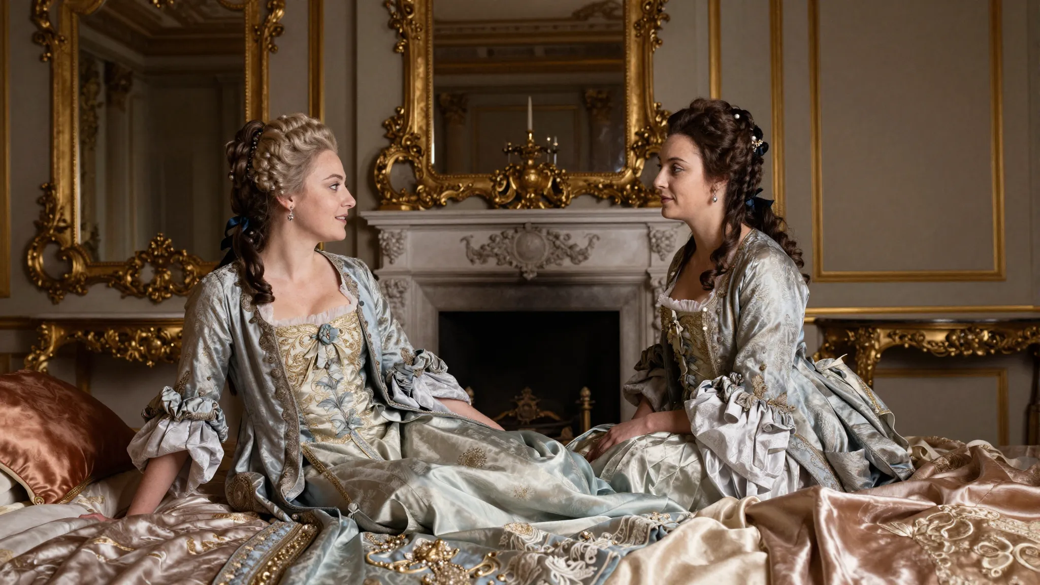 Two beautiful 17th-century women in a lavish Parisian bedroo...