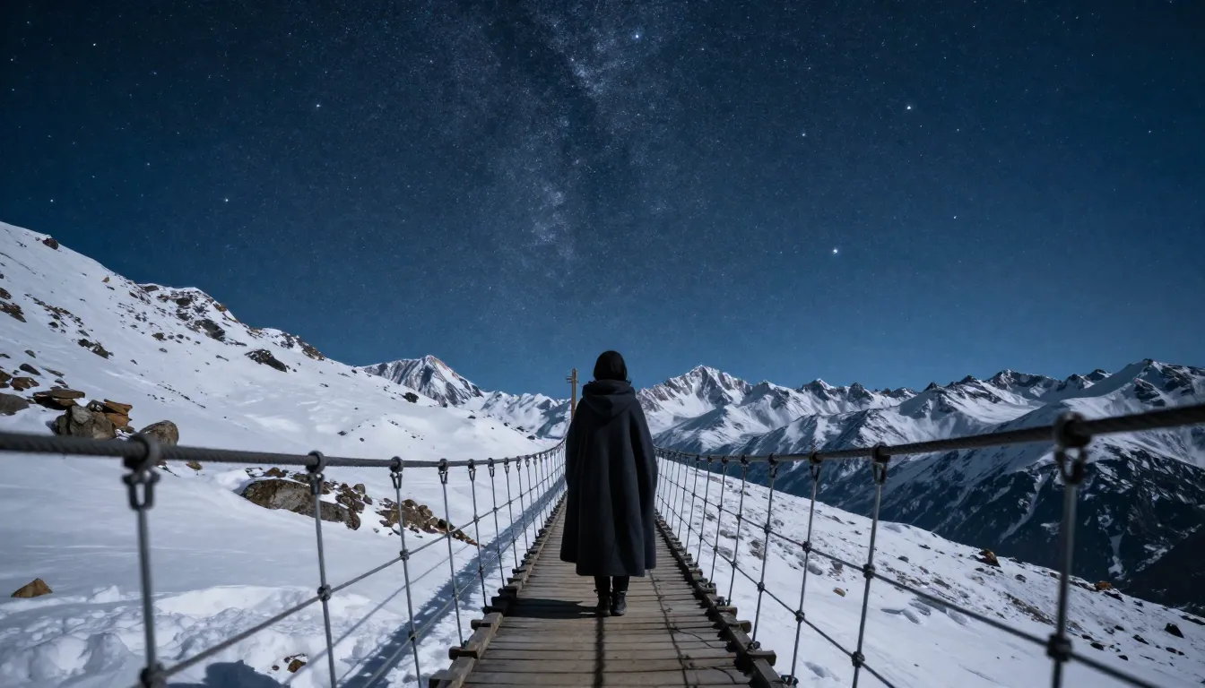 A wide shot of a woman in a dark cloak standing on a wooden ...