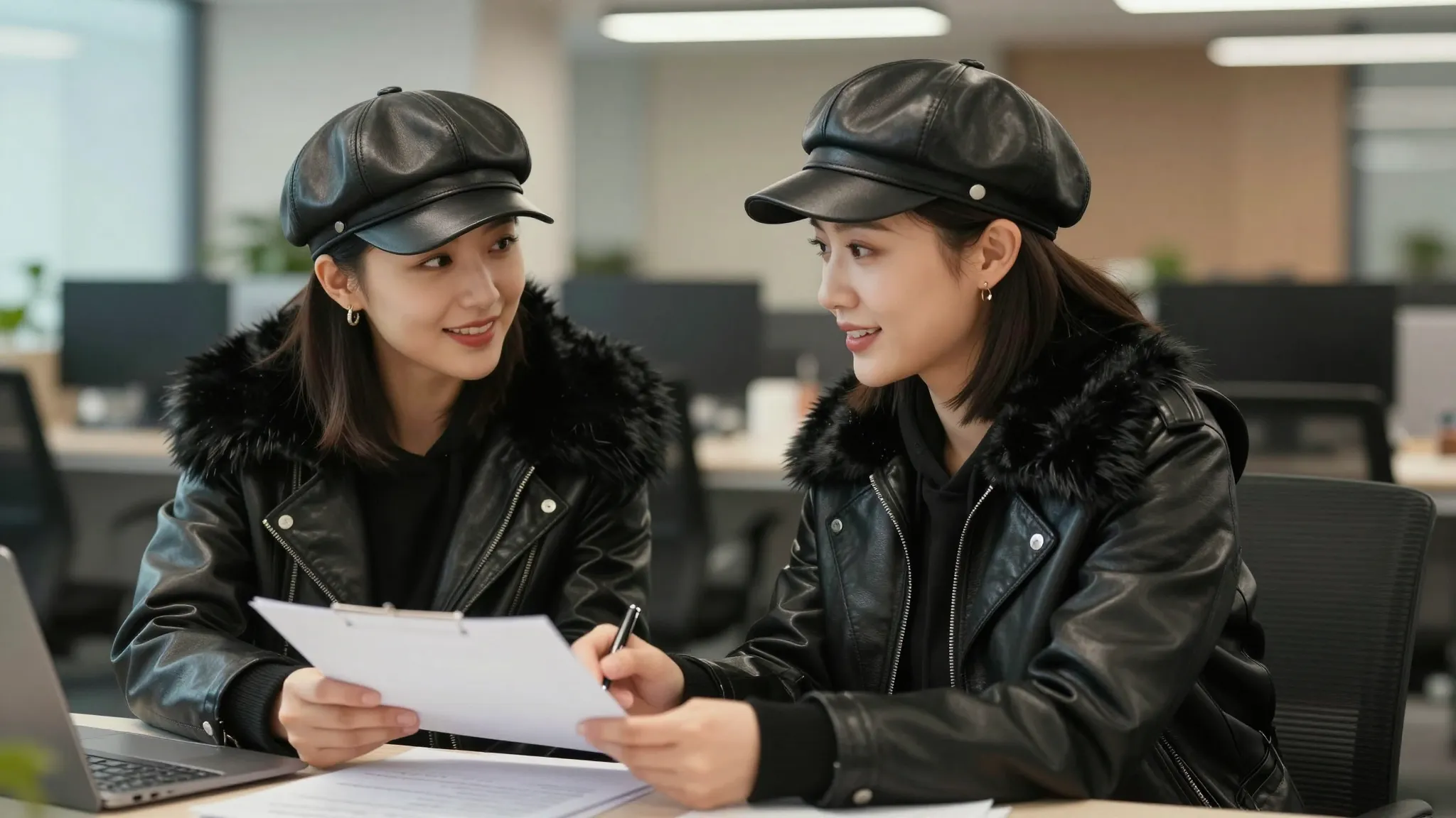 Two friendly Chinese women sitting in a modern stylish offic...