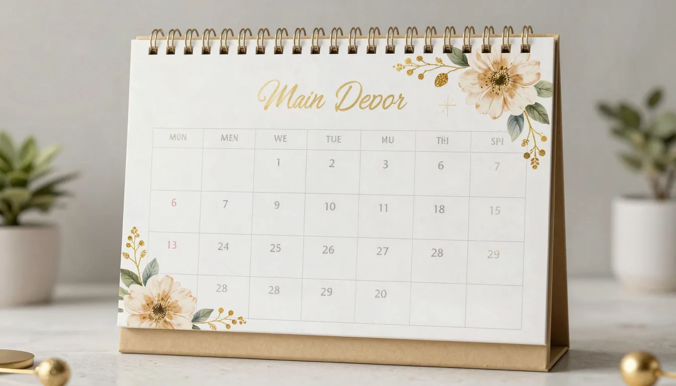 A beautiful festive calendar with flowers and golden decorat...