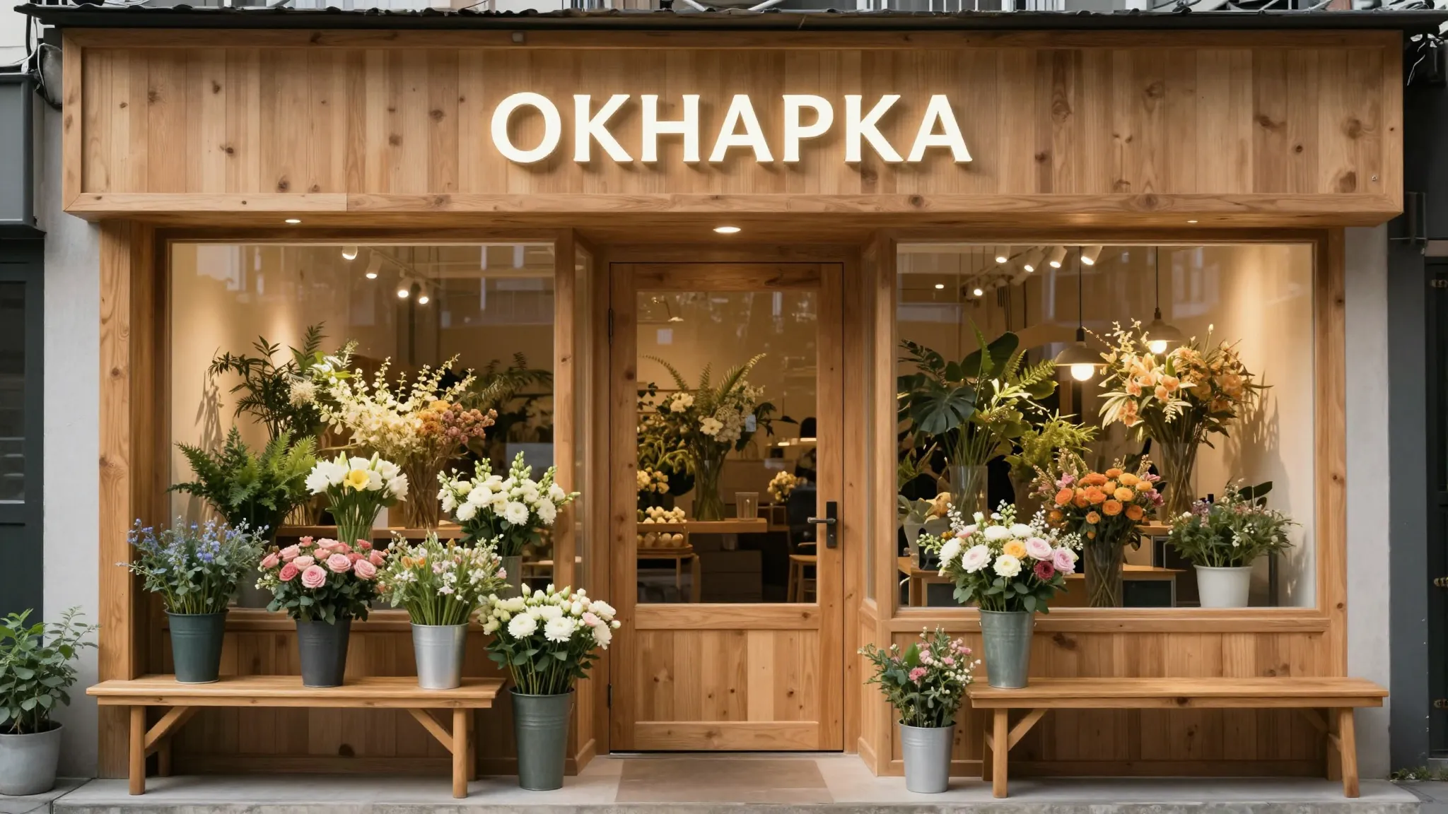 A stylish storefront of a flower shop named 'OKHAPKA'. The e...