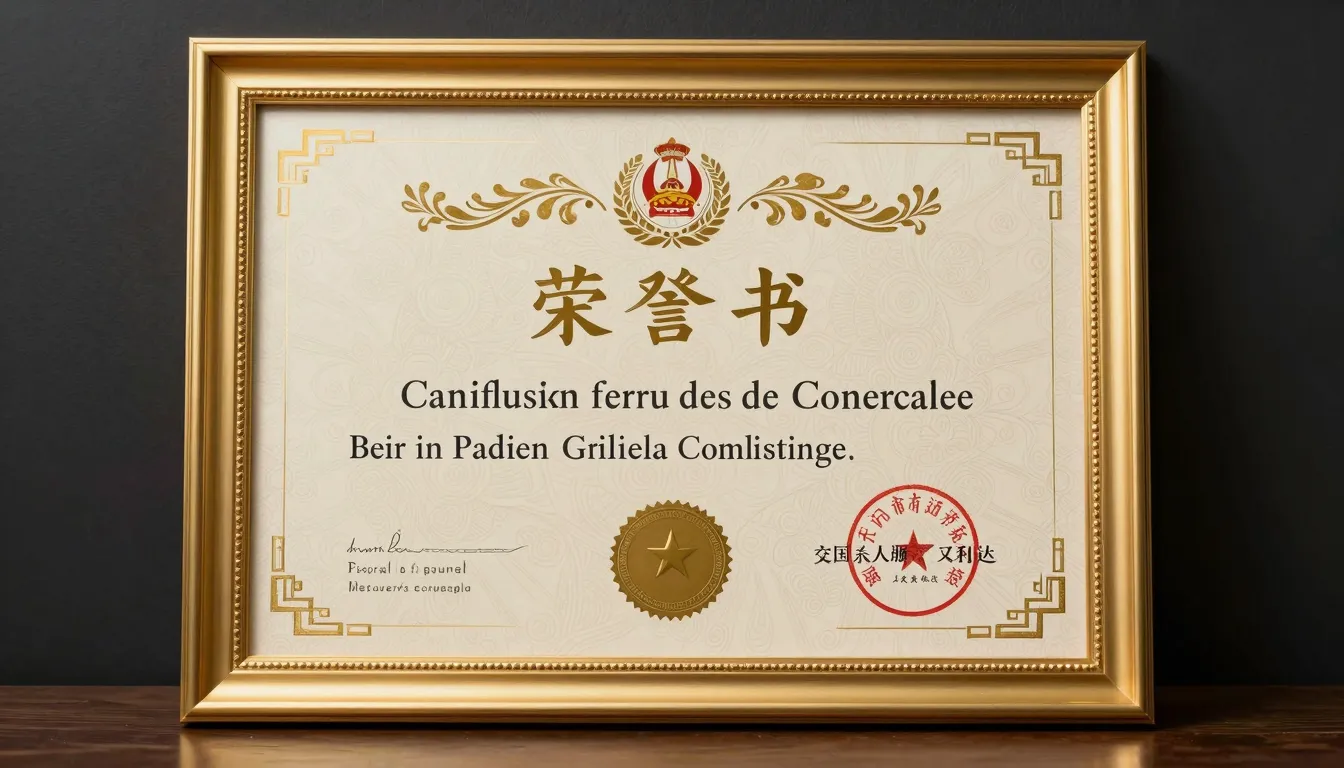 A formal certificate of honor with golden frames and traditi...