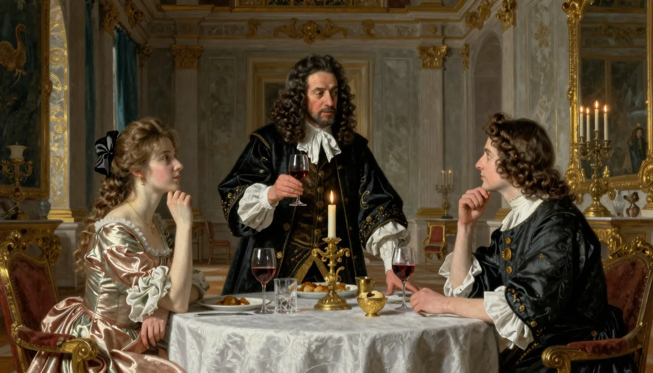 Oil painting style, 17th century France, a grand baroque din...