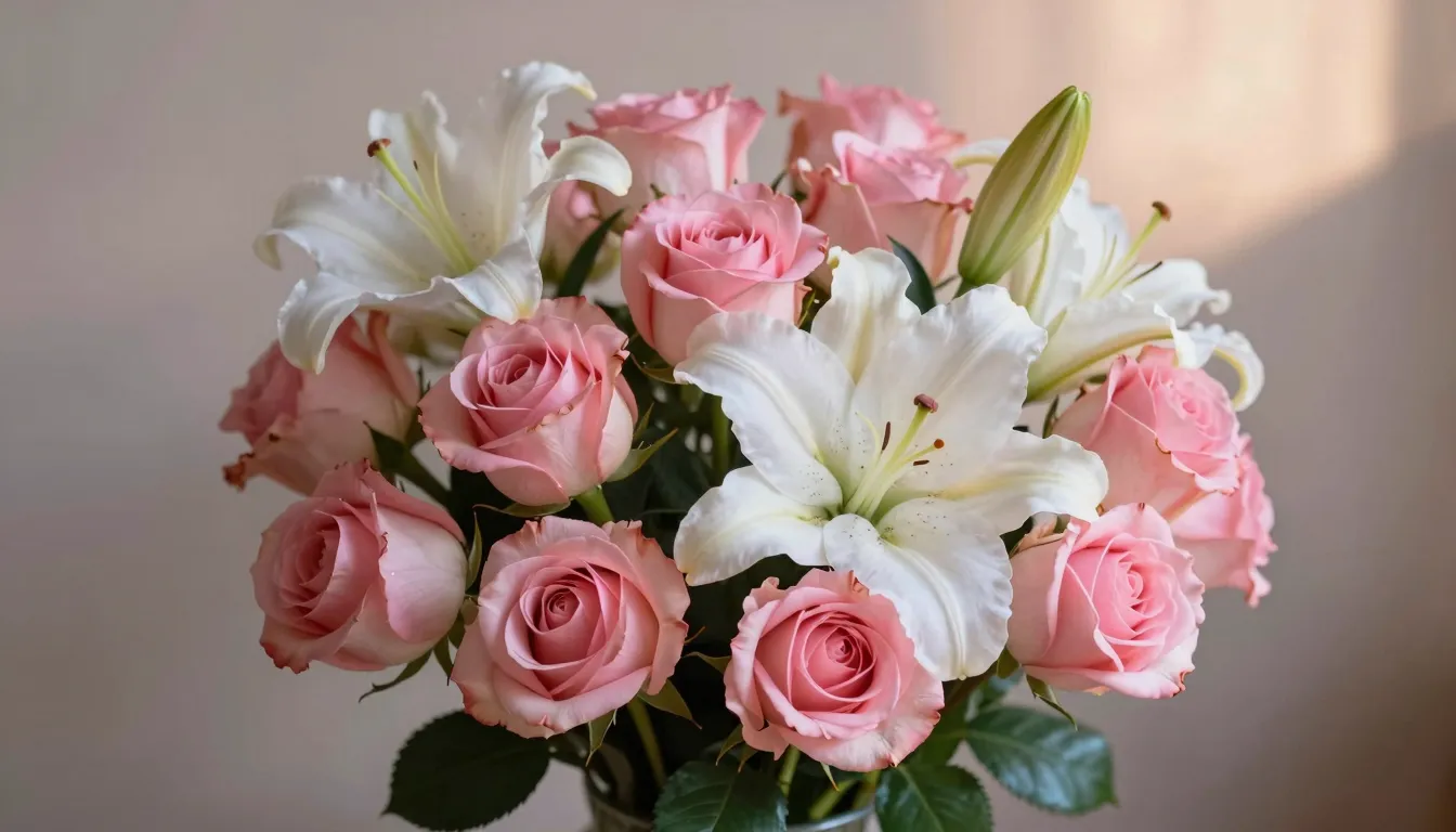 A beautiful and elegant bouquet of pink roses and white lili...
